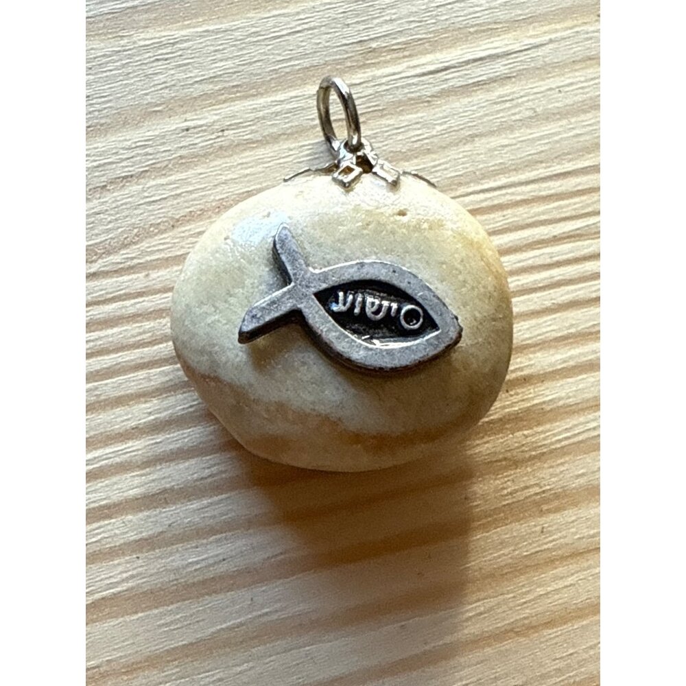 Ichthys Fish Symbol Stone Pendant With Metal Accents For Necklace Or Bracelet